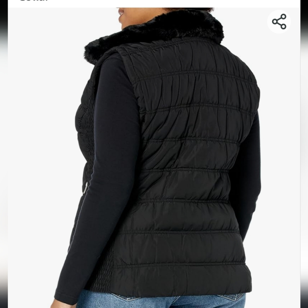 Calvin Klein Quilted Black Fur Collar Vest, Small - Picture 2 of 10